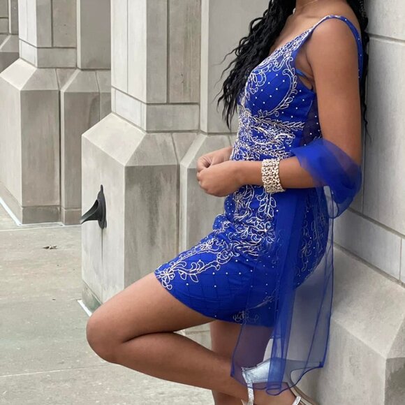 Beaded bright blue short cocktail dress, size X-Small - Picture 6 of 6